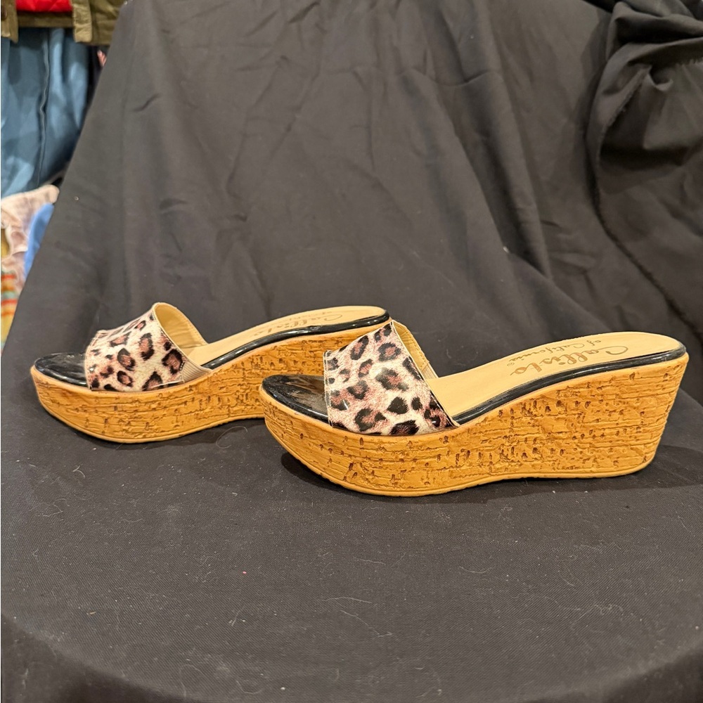 Callisto Leopard Print Wedges with Tan Sole